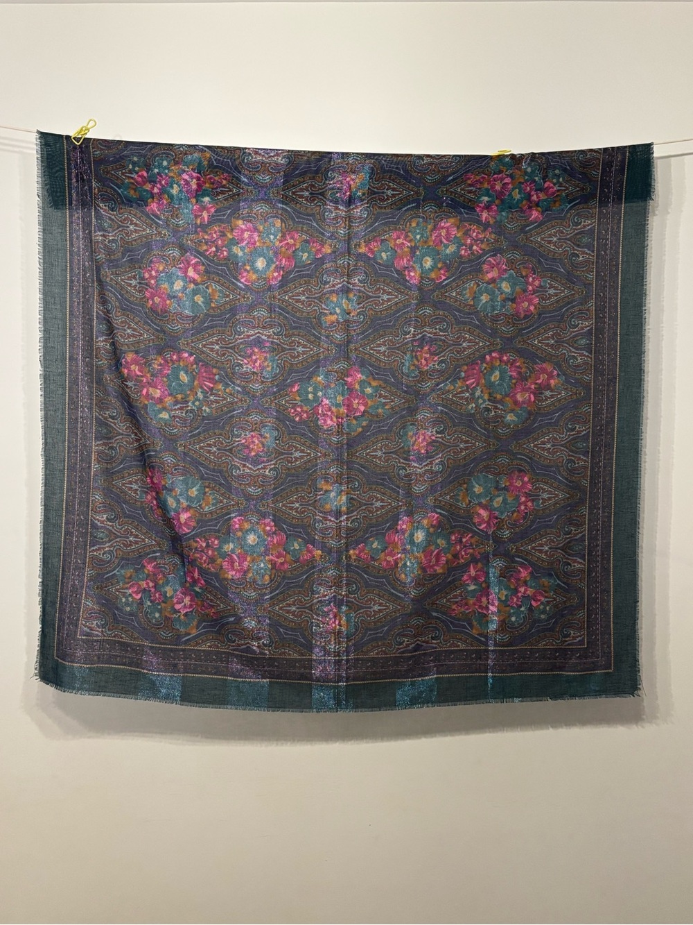 VTG The Specialty House Large Paisley Floral Scarf Wrap Shimmer Metallic Gold